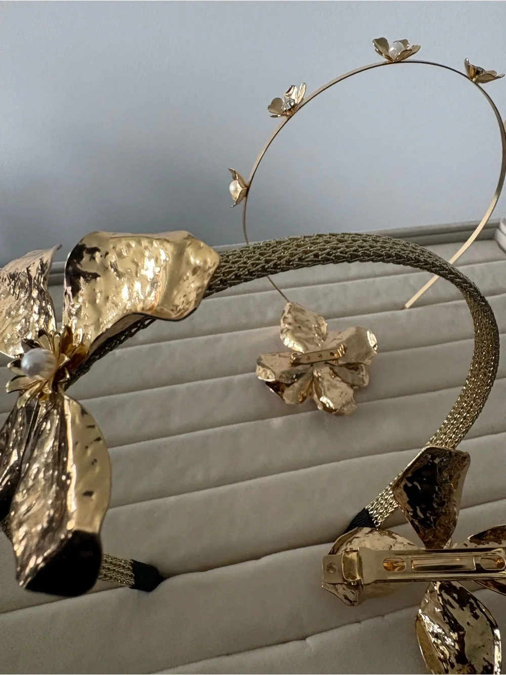 Gold Floral Hammered Metal Headband with Pearl Center